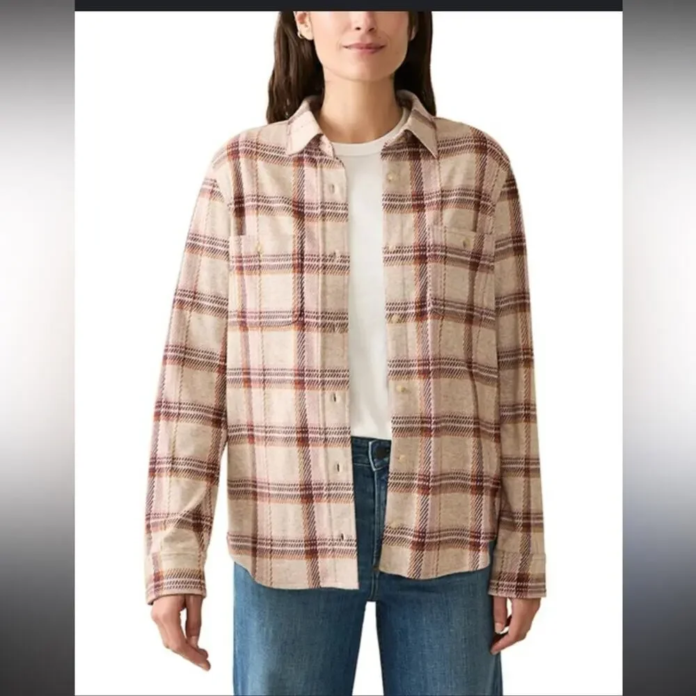 Faherty Cream and Brown Plaid Legend Flannel Shirt Small Women's - Picture 1 of 5